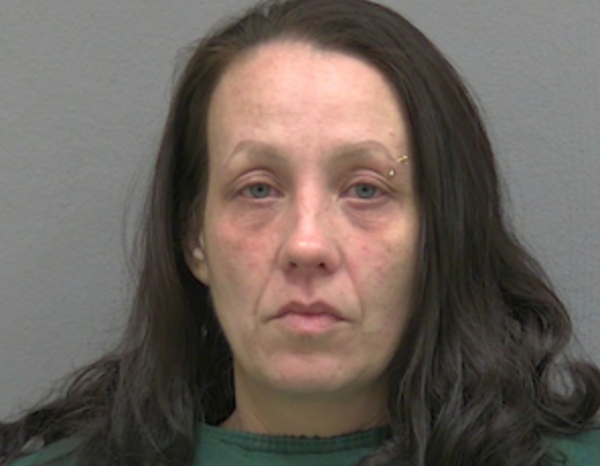 A white woman with dark brown hair and light eyebrows, one of which is pierced, stares at the camera unsmiling during her mugshot.