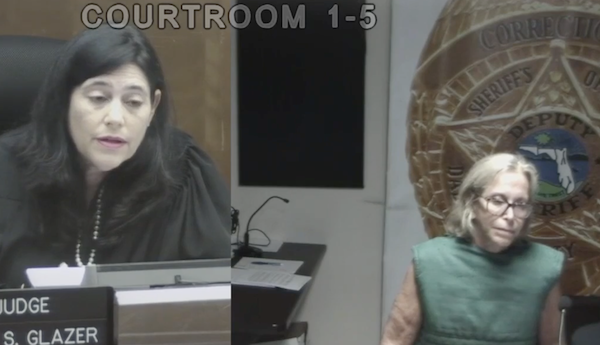 Side-by-side courtroom photo. On the left, a judge in a black robe with long dark brown hair leans over her desk. On the right, an older woman defendant wears a green shirt and glasses and has shoulder length blonde hair looks slightly to the side.