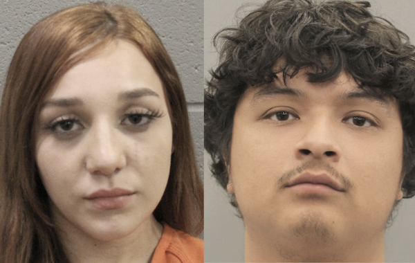 Side-by-side mugshots of a young man and woman. On the left, the young woman has long straight auburn hair parted on the side and looks forlorn as she wears an orange shirt. On the right, the man has grown out short hair which is dark brown and wavy and has a faint mustache.