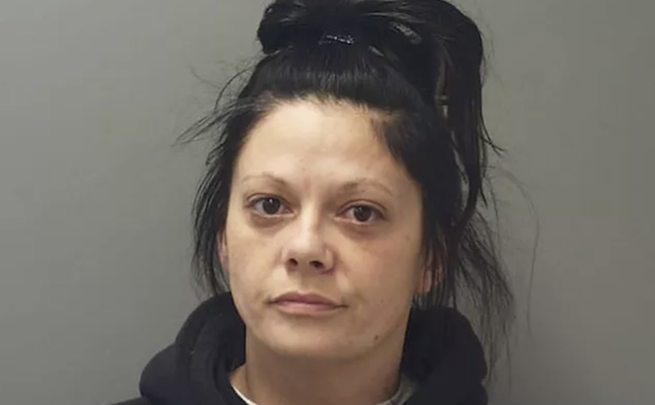 A white woman with long dark brown hair pulled up high on her head frowns at the camera during her mugshot.