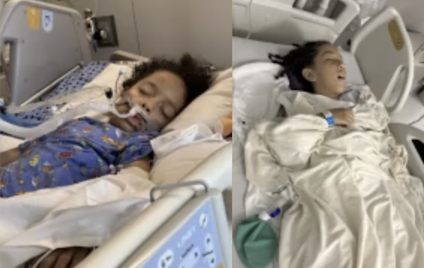 Side-by-side photos of two unconscious children in hospital beds with tubes and wires hooked to them.