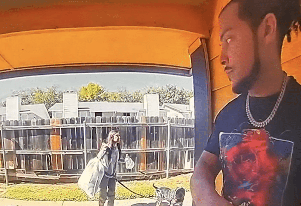 Doorbell camera view of a man standing in a doorway while a woman walks a dog outside.