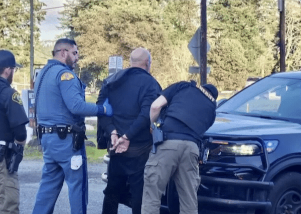 Law enforcement officers detain a person with hands behind their back beside a dark police vehicle on a roadside.