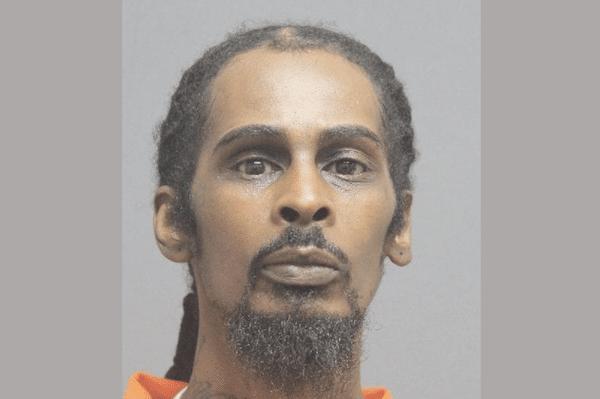 Booking-style photo of a man with braided hair and a goatee against a gray background.
